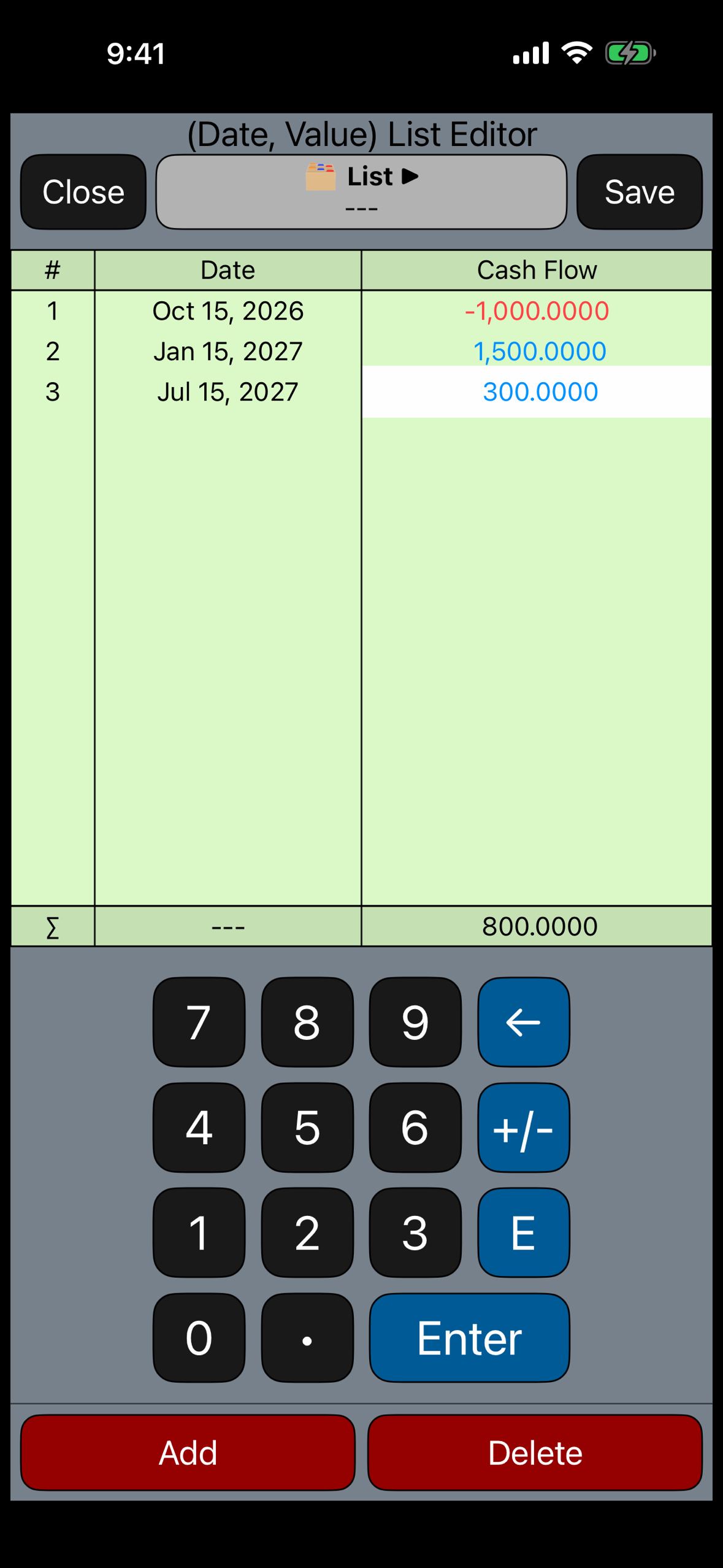 Date and cash flow list editor